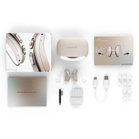 LINNER - Mercury OTC Rechargeable Hearing Aids for Seniors with Noise Cancellation, Easy to Use, 3 Modes, 9 Volume Levels - Beige Gold
