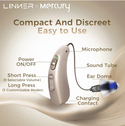 LINNER - Mercury OTC Rechargeable Hearing Aids for Seniors with Noise Cancellation, Easy to Use, 3 Modes, 9 Volume Levels - Beige Gold